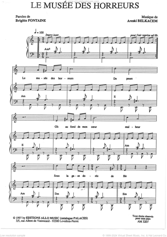 Le Musee Des Horreurs sheet music for voice and piano by Brigitte Fontaine & Areski Belkacem, Areski Belkacem and Brigitte Fontaine, classical score, intermediate skill level