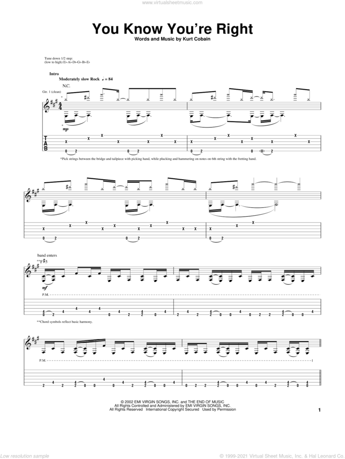 You Know You're Right sheet music for guitar (tablature) by Nirvana and Kurt Cobain, intermediate skill level