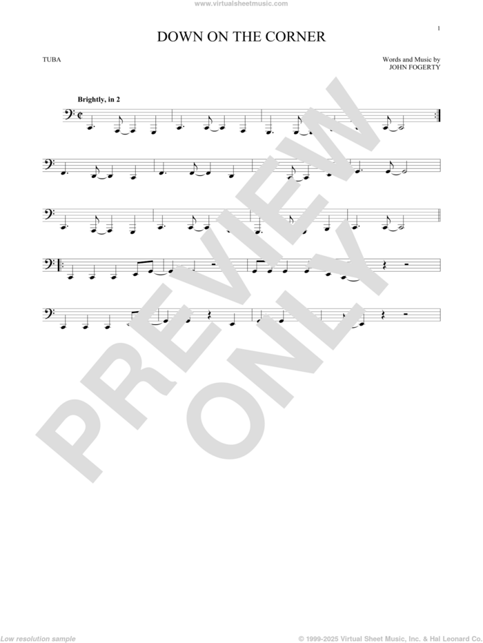 Down On The Corner sheet music for Tuba Solo (tuba) by Creedence Clearwater Revival and John Fogerty, intermediate skill level