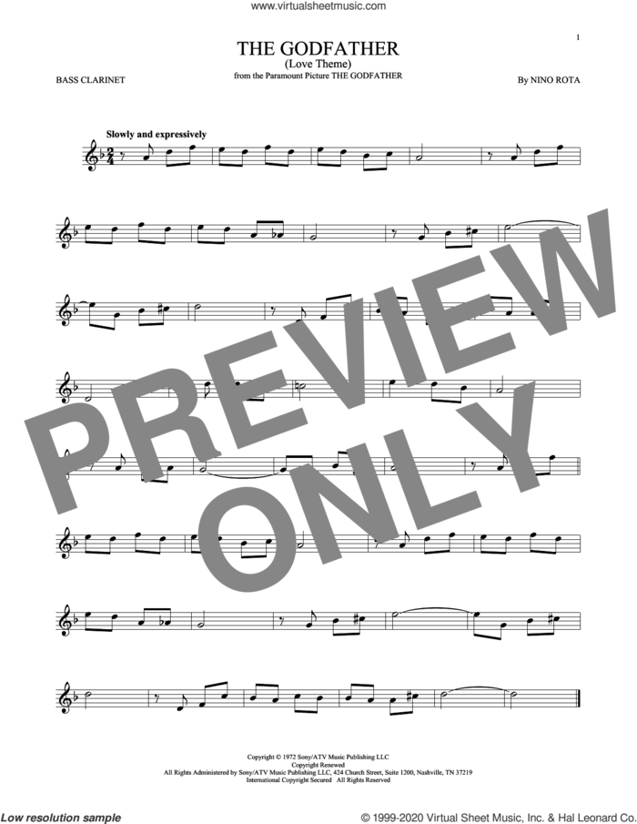 The Godfather (Love Theme) sheet music for Bass Clarinet Solo (clarinetto basso) by Nino Rota, intermediate skill level