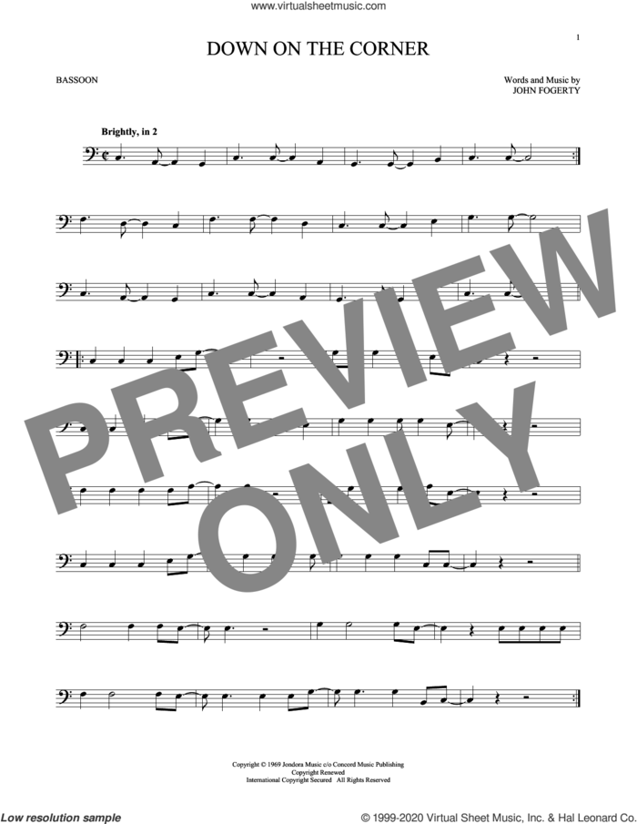 Down On The Corner sheet music for Bassoon Solo by Creedence Clearwater Revival and John Fogerty, intermediate skill level