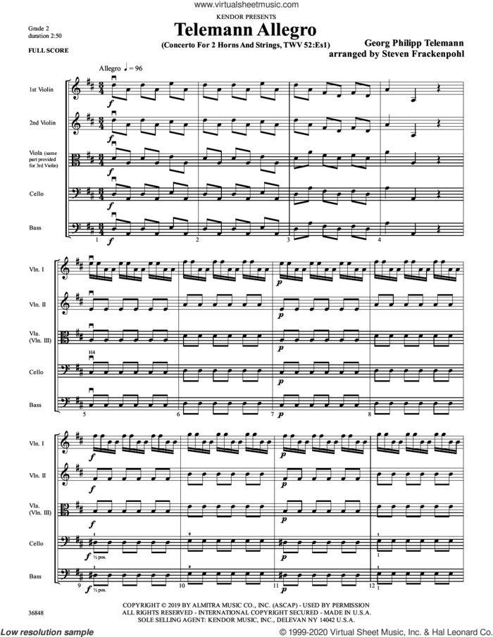 Telemann Allegro (arr. Steven Frackenpohl) (COMPLETE) sheet music for orchestra by Georg Philipp Telemann and Steve Frackenpohl, classical score, intermediate skill level