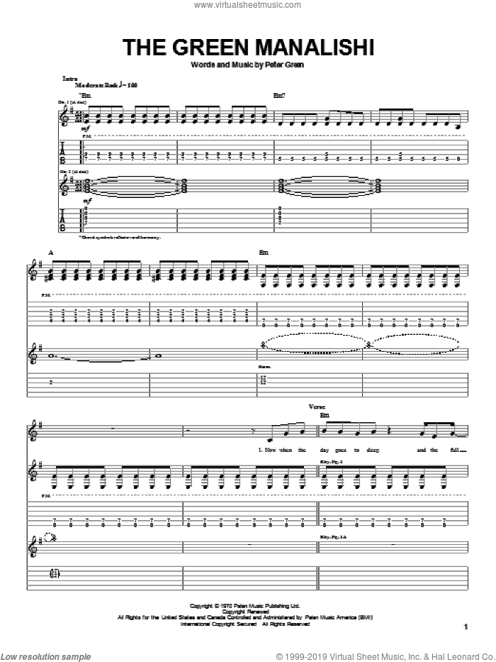 The Green Manalishi sheet music for guitar (tablature) by Fleetwood Mac and Peter Green, intermediate skill level