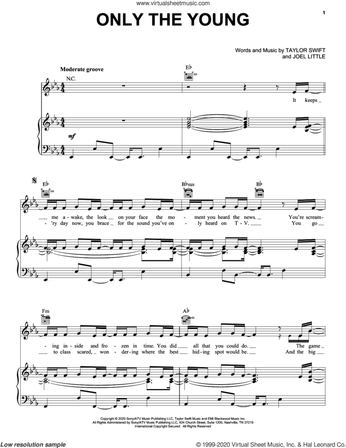 Only The Young (from Miss Americana) sheet music for voice, piano or guitar by Taylor Swift and Joel Little, intermediate skill level