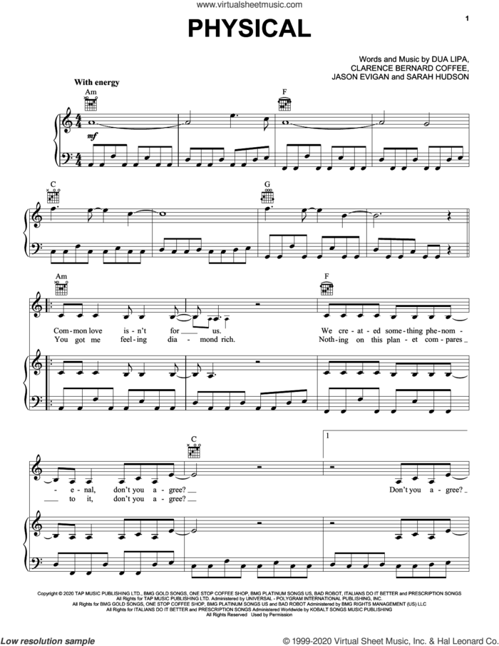 Physical sheet music for voice, piano or guitar by Dua Lipa, Clarence Bernard Coffee, Jason Evigan and Sarah Hudson, intermediate skill level