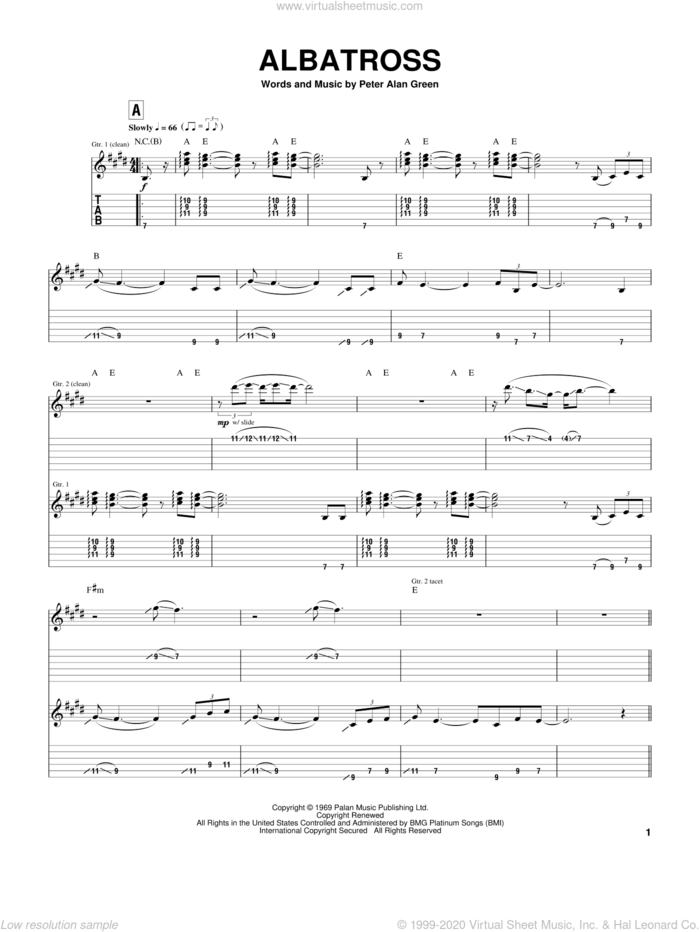 Albatross sheet music for guitar (tablature) by Peter Green, intermediate skill level