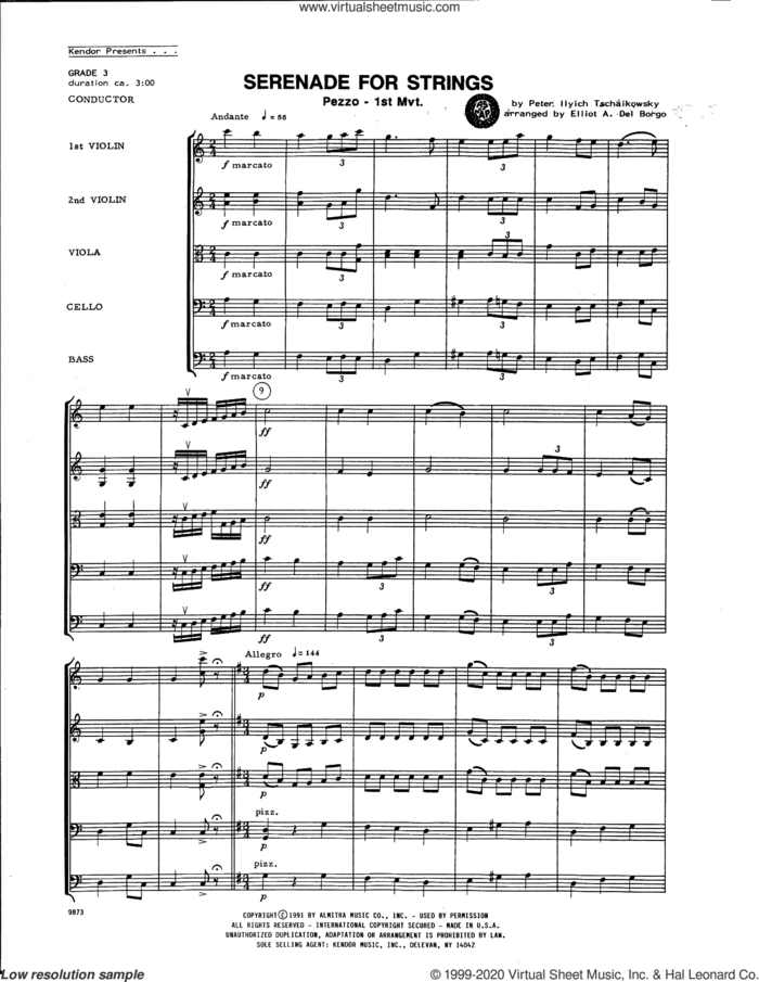 Serenade For Strings (arr. Elliot A. Del Borgo) - Mvt. 1 Pezzo (COMPLETE) sheet music for orchestra by Pyotr Ilyich Tchaikovsky and Elliot Del Borgo, classical score, intermediate skill level