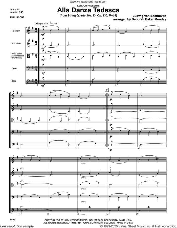 Alla Danza Tedesca (from String Quartet No. 13, Op. 130, Mvt. 4) (COMPLETE) sheet music for orchestra by Ludwig van Beethoven and Deborah Baker Monday, classical score, intermediate skill level