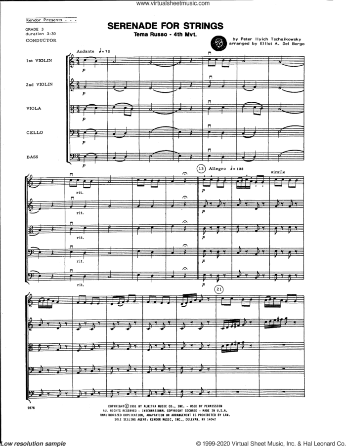 Serenade For String (arr. Elliot A. Del Borgo) - Mvt. 4 Tema Russo (COMPLETE) sheet music for orchestra by Pyotr Ilyich Tchaikovsky and Elliot Del Borgo, classical score, intermediate skill level