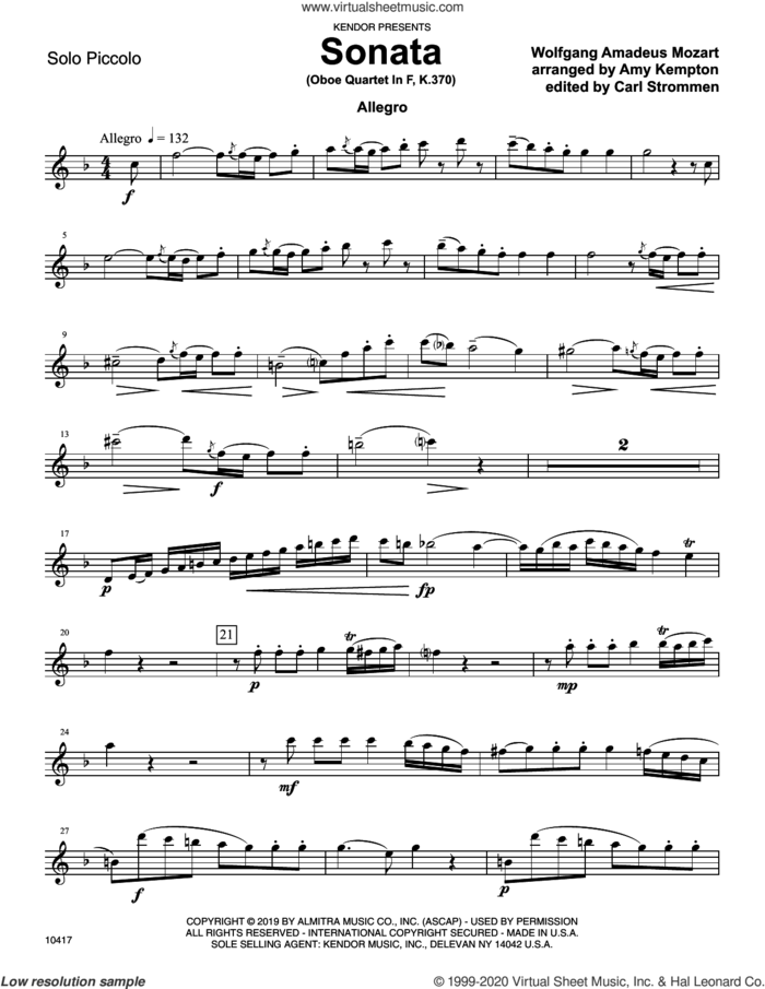 Sonata (Oboe Quartet In F, K. 370) (arr. Amy Kempton) (complete set of parts) sheet music for piccolo and piano by Wolfgang Amadeus Mozart and Amy Kempton, classical score, intermediate skill level