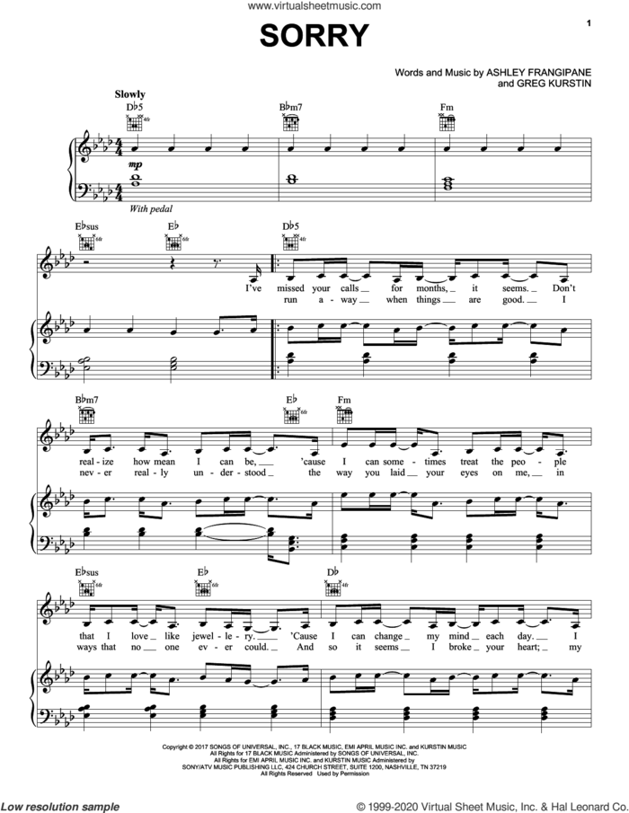 Sorry sheet music for voice, piano or guitar by Halsey, Ashley Frangipane and Greg Kurstin, intermediate skill level