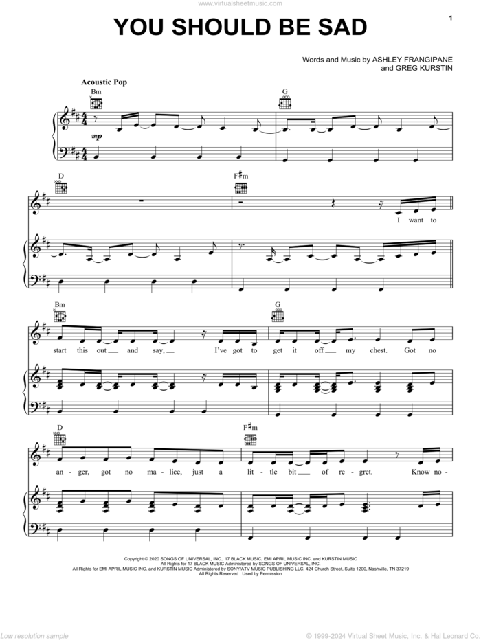 You should be sad sheet music for voice, piano or guitar by Halsey, Ashley Frangipane and Greg Kurstin, intermediate skill level