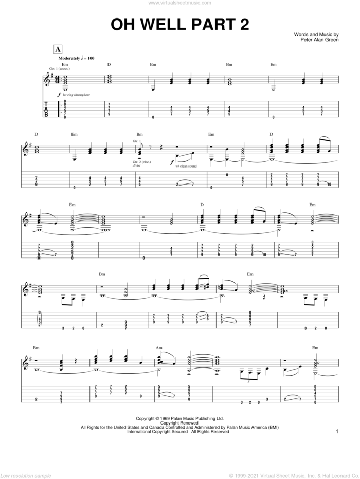 Oh Well Part 2 sheet music for guitar (tablature) by Fleetwood Mac and Peter Green, intermediate skill level