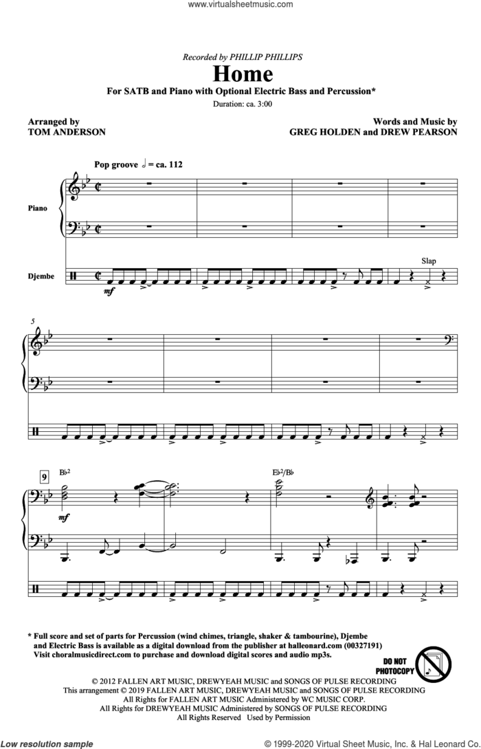 Home (arr. Tom Anderson) sheet music for choir (SATB: soprano, alto, tenor, bass) by Phillip Phillips, Tom Anderson, Drew Pearson and Greg Holden, intermediate skill level