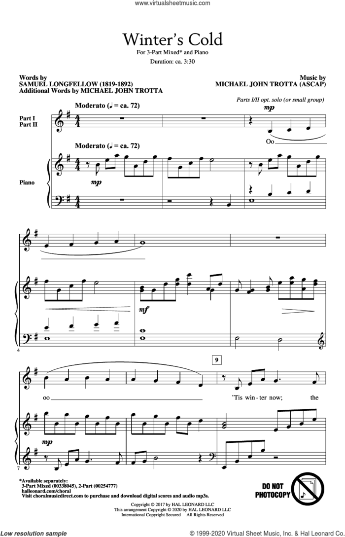 Winter's Cold sheet music for choir (3-Part Mixed) by Michael John Trotta and Samuel Longfellow, intermediate skill level