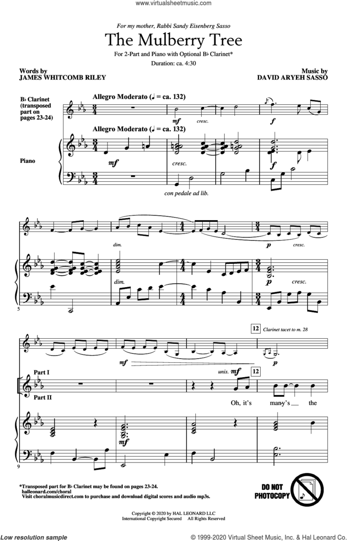 The Mulberry Tree sheet music for choir (2-Part) by David Aryeh Sasso and James Whitcomb Riley, intermediate duet
