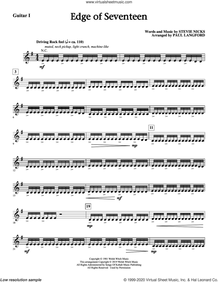 Edge Of Seventeen (arr. Paul Langford) (complete set of parts) sheet music for orchestra/band by Stevie Nicks and Paul Langford, intermediate skill level