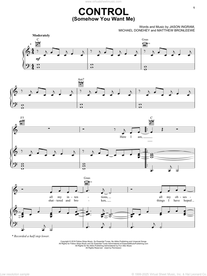 Control (Somehow You Want Me) sheet music for voice, piano or guitar by Tenth Avenue North, Jason Ingram, Matt Bronleewe and Michael Donehey, intermediate skill level