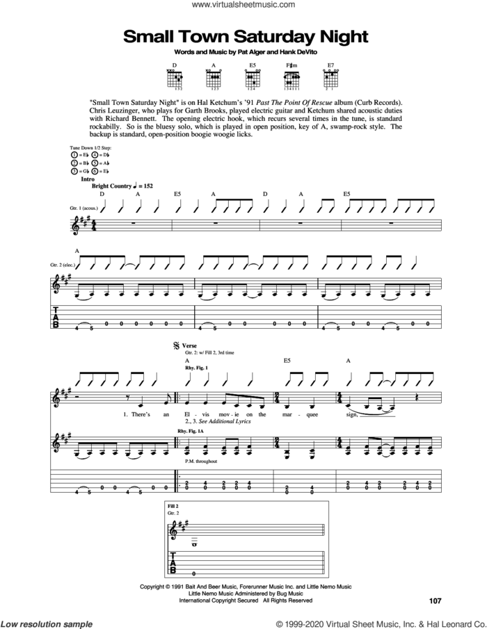 Small Town Saturday Night sheet music for guitar (tablature) by Hal Ketchum, Hank DeVito and Patrick Alger, intermediate skill level