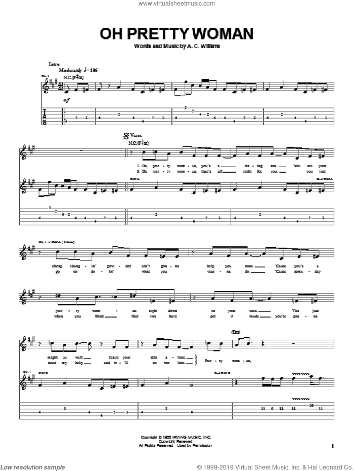 Oh Pretty Woman sheet music for guitar (tablature) by Albert King and A.C. Williams, intermediate skill level