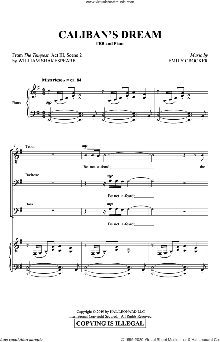 Caliban's Dream sheet music for choir (TBB: tenor, bass) by Emily Crocker and William Shakespeare, intermediate skill level