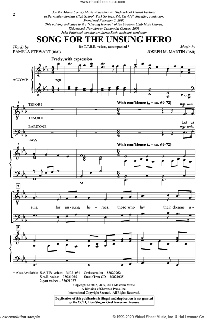 Song For The Unsung Hero sheet music for choir (TTBB: tenor, bass) by Joseph M. Martin, Pamela Stewart and Pamela Stewart & Joseph M. Martin, intermediate skill level