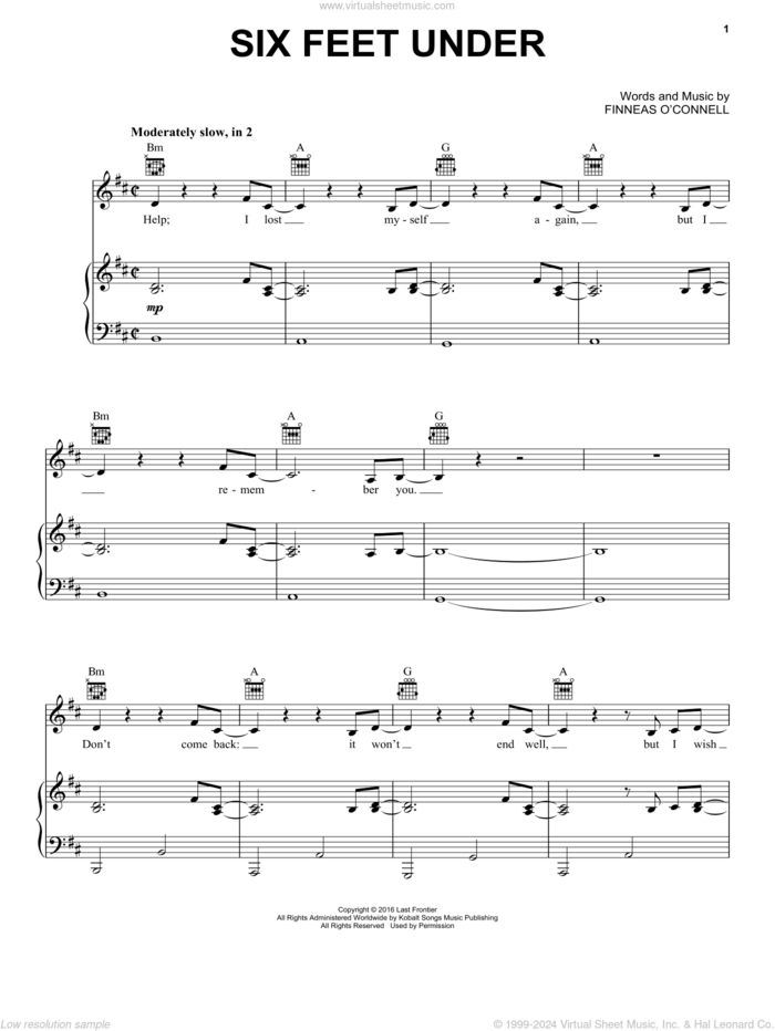 Six Feet Under sheet music for voice, piano or guitar by Billie Eilish, intermediate skill level