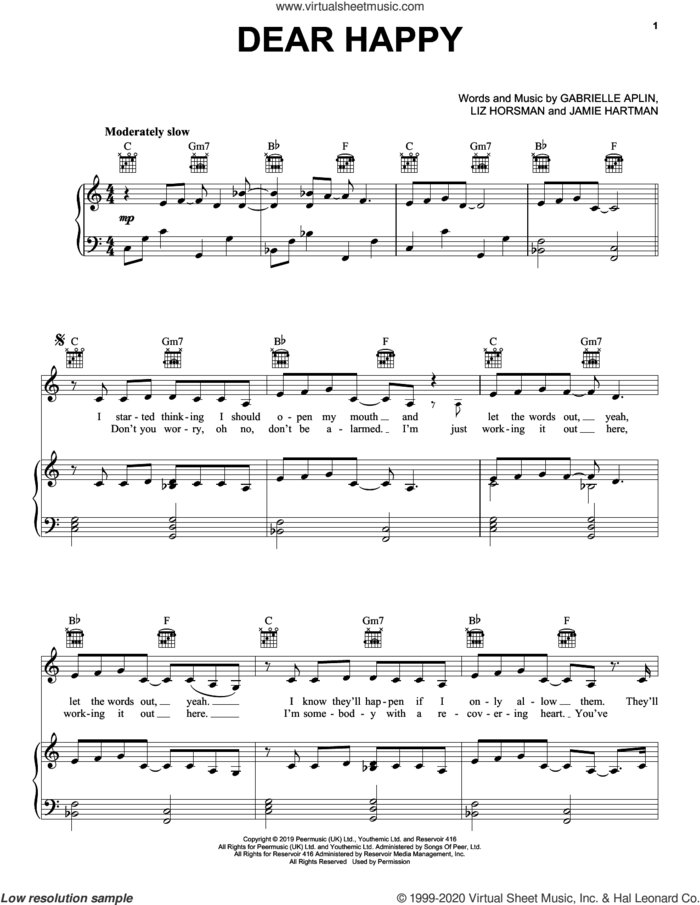 Dear Happy sheet music for voice, piano or guitar by Gabrielle Aplin, Jamie Hartman, Liz Horsman and Michael Spencer, intermediate skill level