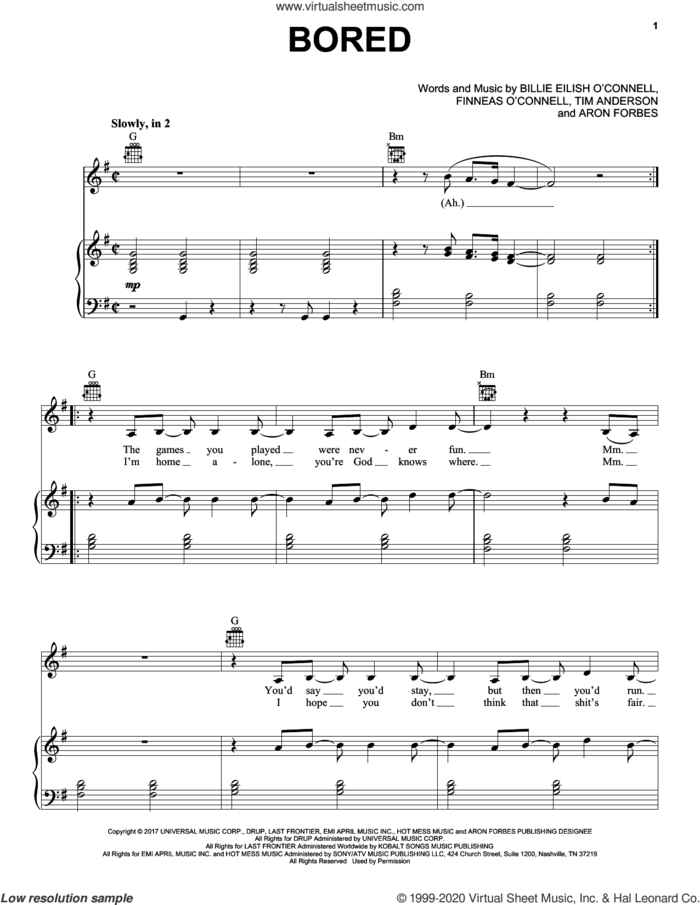 Bored (from 13 Reasons Why) sheet music for voice, piano or guitar by Billie Eilish, Aron Forbes and Tim Anderson, intermediate skill level