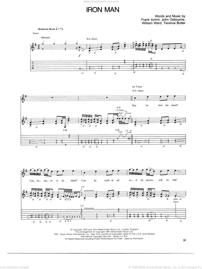 Iron Man sheet music for guitar (tablature) by Ozzy Osbourne, Black Sabbath, Randy Rhoads, Frank Iommi, John Osbourne, Terence Butler and William Ward, intermediate skill level