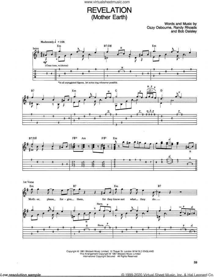Revelation sheet music for guitar (tablature) by Ozzy Osbourne, Randy Rhoads and Gerry Mulligan, intermediate skill level