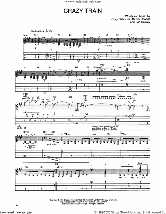 Crazy Train sheet music for guitar (tablature) by Ozzy Osbourne, Bob Daisley and Randy Rhoads, intermediate skill level