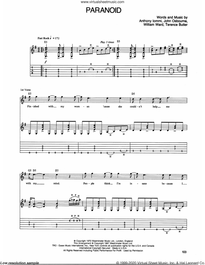 Paranoid sheet music for guitar (tablature) by Ozzy Osbourne, Black Sabbath, Randy Rhoads, Anthony Iommi, John Osbourne, Terence Butler and William Ward, intermediate skill level