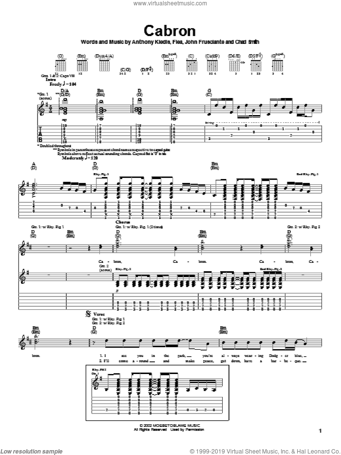 Cabron sheet music for guitar (tablature) by Red Hot Chili Peppers, Anthony Kiedis, Flea and John Frusciante, intermediate skill level