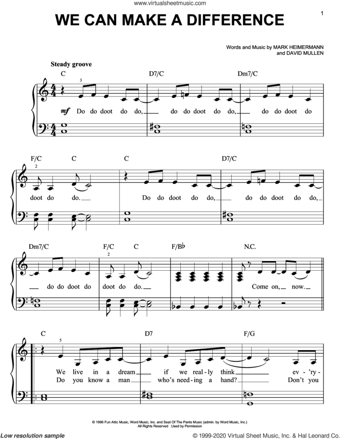 We Can Make A Difference sheet music for piano solo by Jaci Velasquez, David Mullen and Mark Heimermann, easy skill level