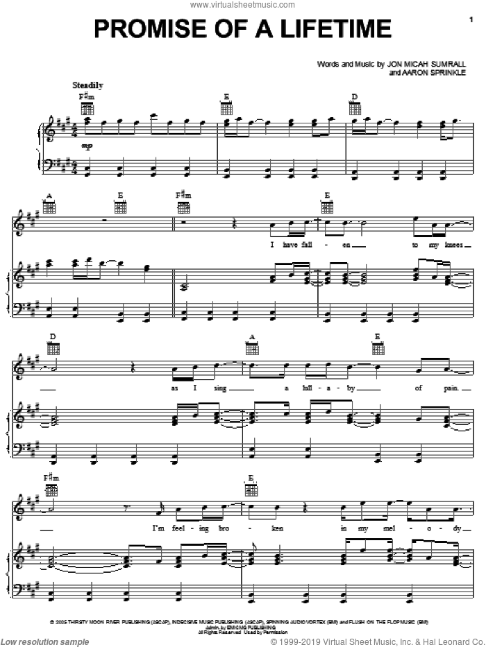 Promise Of A Lifetime sheet music for voice, piano or guitar by Kutless, Aaron Sprinkle and Jon Micah Sumrall, intermediate skill level