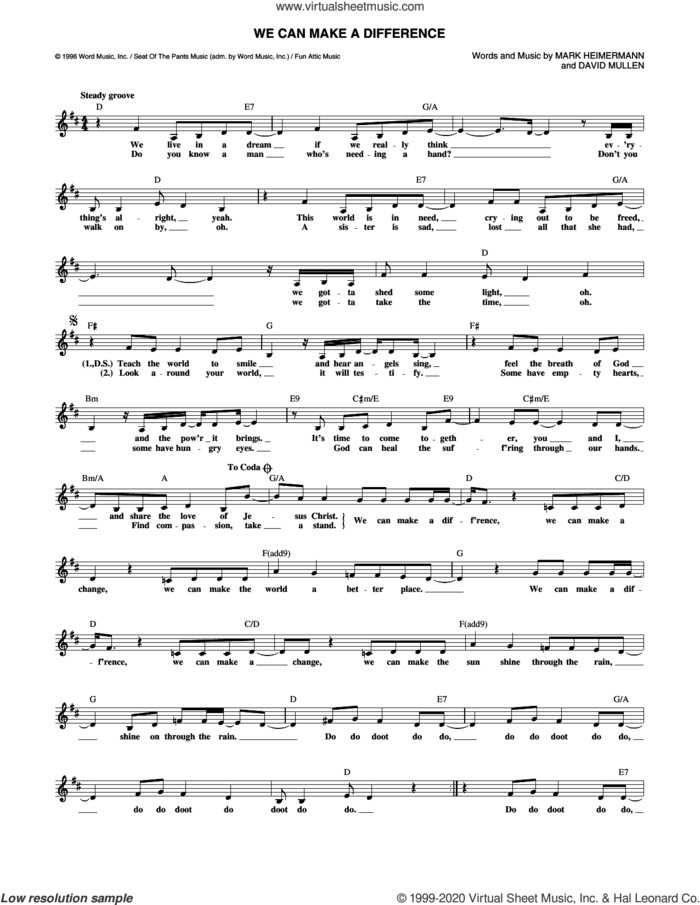 We Can Make A Difference sheet music for voice and other instruments (fake book) by Jaci Velasquez, David Mullen and Mark Heimermann, intermediate skill level