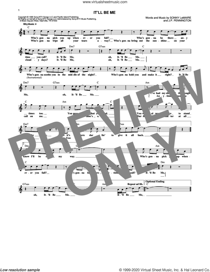 It'll Be Me sheet music for voice and other instruments (fake book) by Exile, J.P. Pennington and Sonny LeMaire, intermediate skill level