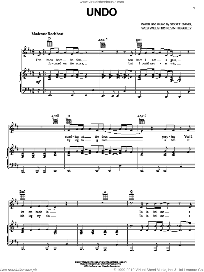Undo sheet music for voice, piano or guitar by Rush Of Fools, Kevin Huguley, Scott Davis and Wes Willis, intermediate skill level
