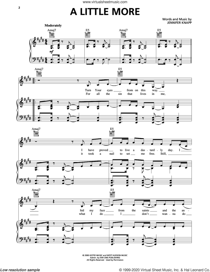 A Little More sheet music for voice, piano or guitar by Jennifer Knapp, intermediate skill level