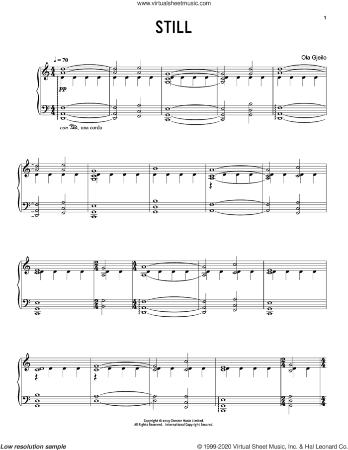 Still sheet music for piano solo by Ola Gjeilo, classical score, intermediate skill level