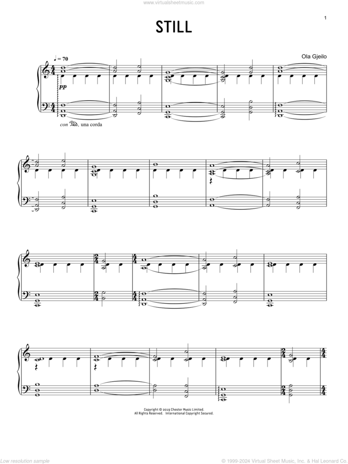 Still sheet music for piano solo by Ola Gjeilo, classical score, intermediate skill level