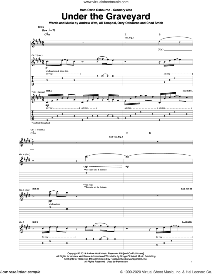 Under The Graveyard sheet music for guitar (tablature) by Ozzy Osbourne, Ali Tamposi, Andrew Watt and Chad Smith, intermediate skill level