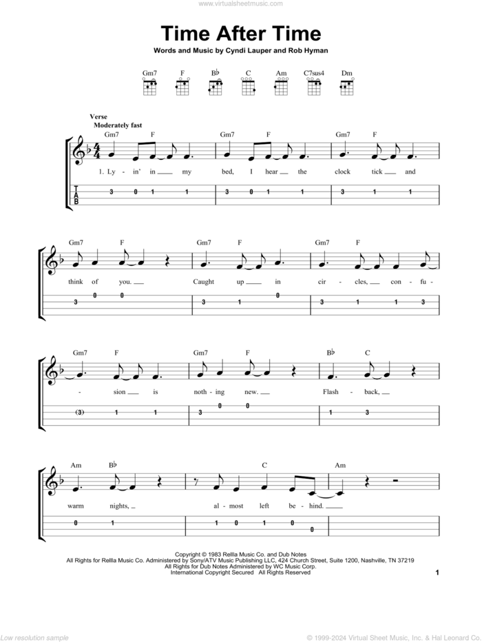 Time After Time sheet music for ukulele (easy tablature) (ukulele easy tab) by Cyndi Lauper and Rob Hyman, intermediate skill level