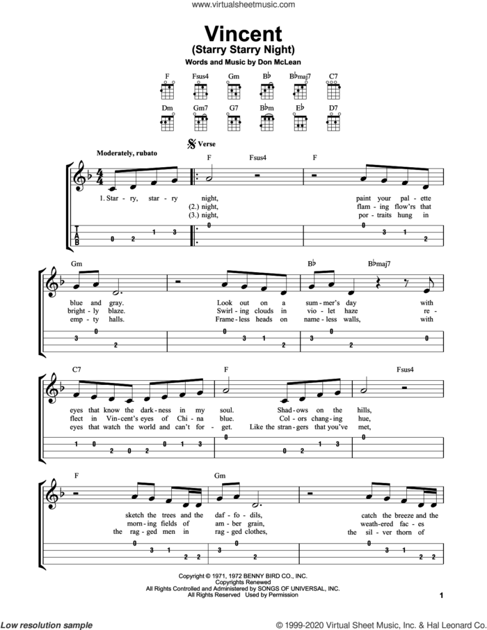 Vincent (Starry Starry Night) sheet music for ukulele (easy tablature) (ukulele easy tab) by Don McLean, intermediate skill level