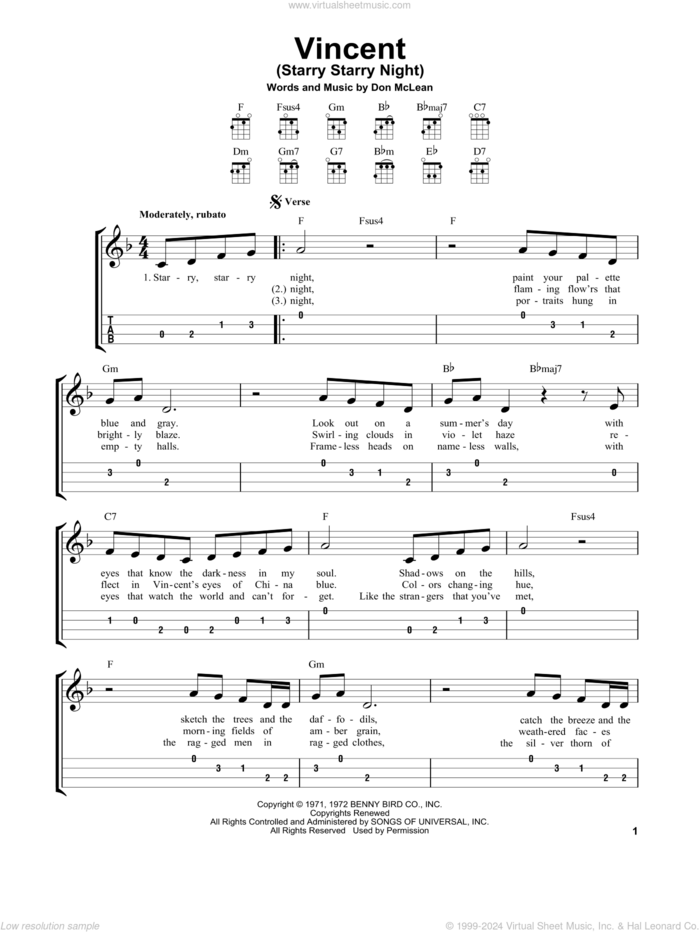 Vincent (Starry Starry Night) sheet music for ukulele (easy tablature) (ukulele easy tab) by Don McLean, intermediate skill level