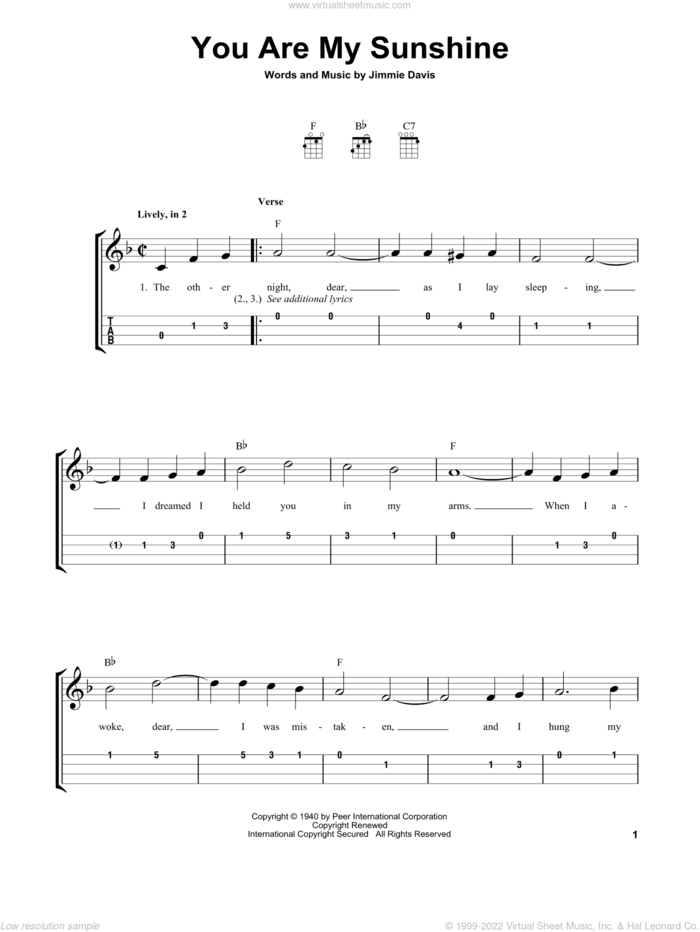 You Are My Sunshine sheet music for ukulele (easy tablature) (ukulele easy tab) by Jimmie Davis, intermediate skill level