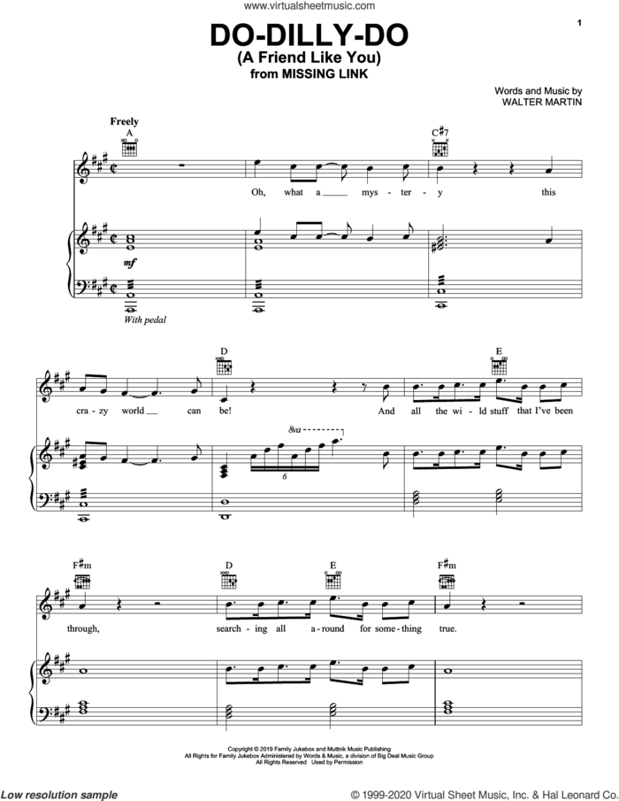 Do-Dilly-Do (A Friend Like You) (from Missing Link) sheet music for voice, piano or guitar by Walter Martin, intermediate skill level