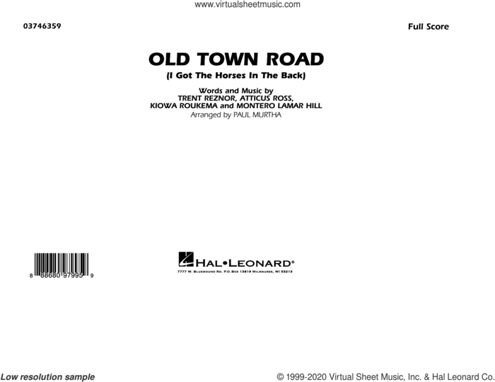 Old Town Road (arr. Paul Murtha) (COMPLETE) sheet music for marching band by Paul Murtha, Atticus Ross, Kiowa Roukema, Lil Nas X, Lil Nas X feat. Billy Ray Cyrus, Montero Lamar Hill and Trent Reznor, intermediate skill level