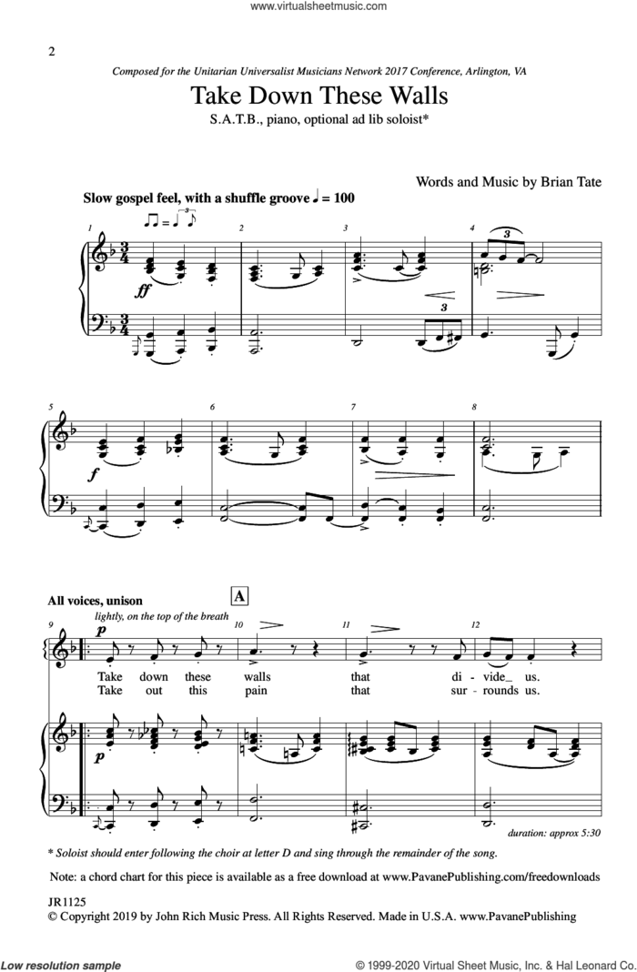 Take Down These Walls sheet music for choir (SATB: soprano, alto, tenor, bass) by Brian Tate, intermediate skill level